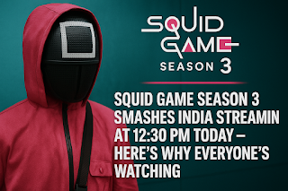 Promotional thumbnail for Squid Game Season 3 featuring a masked red-suited guard with a square symbol and bold text 'Squid Game S3 - Streaming Now', designed with a dark Korean drama theme in 1200x675 resolution