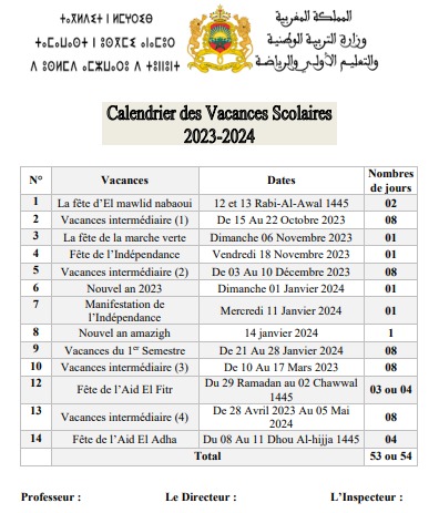 Calendrier des Vacances Scolaires 2023 - 2024 au Maroc Voici le calendrier des vacances scolaires au Maroc pour l'année scolaire 2023-2024