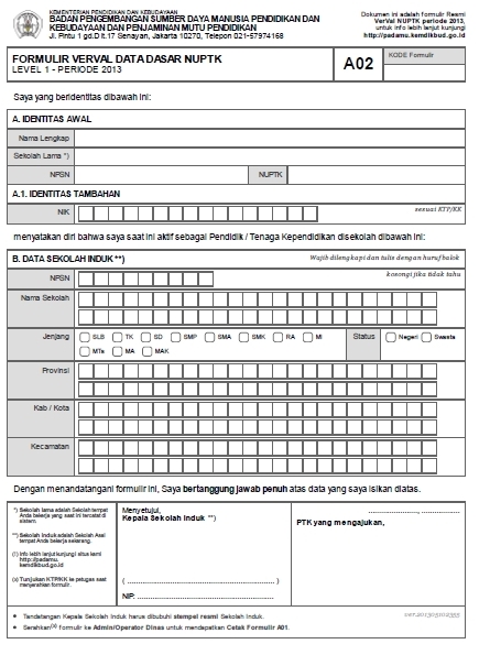 Pendidikan: Contoh Formulir Pemutakhiran Data NUPTK