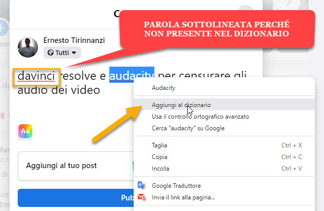 aggiunta di una parola al dizionario di chrome