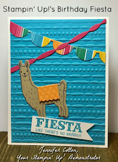 This birthday card uses Stampin' Up!'s Birthday Fiesta stamp set and Fiesta Time Framelits plus the Festive Embossing Folder and Festive Birthday Designer Series Paper!  I love the llama!  #stampinup #stamptherapist www.stampwithjennifer.blogpsot.com