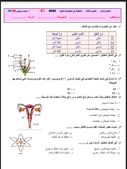 امتحان احياء شامل بالاجابات  للصف الثالث الثانوي 2023 للاستاذ/محمد بسيونى
