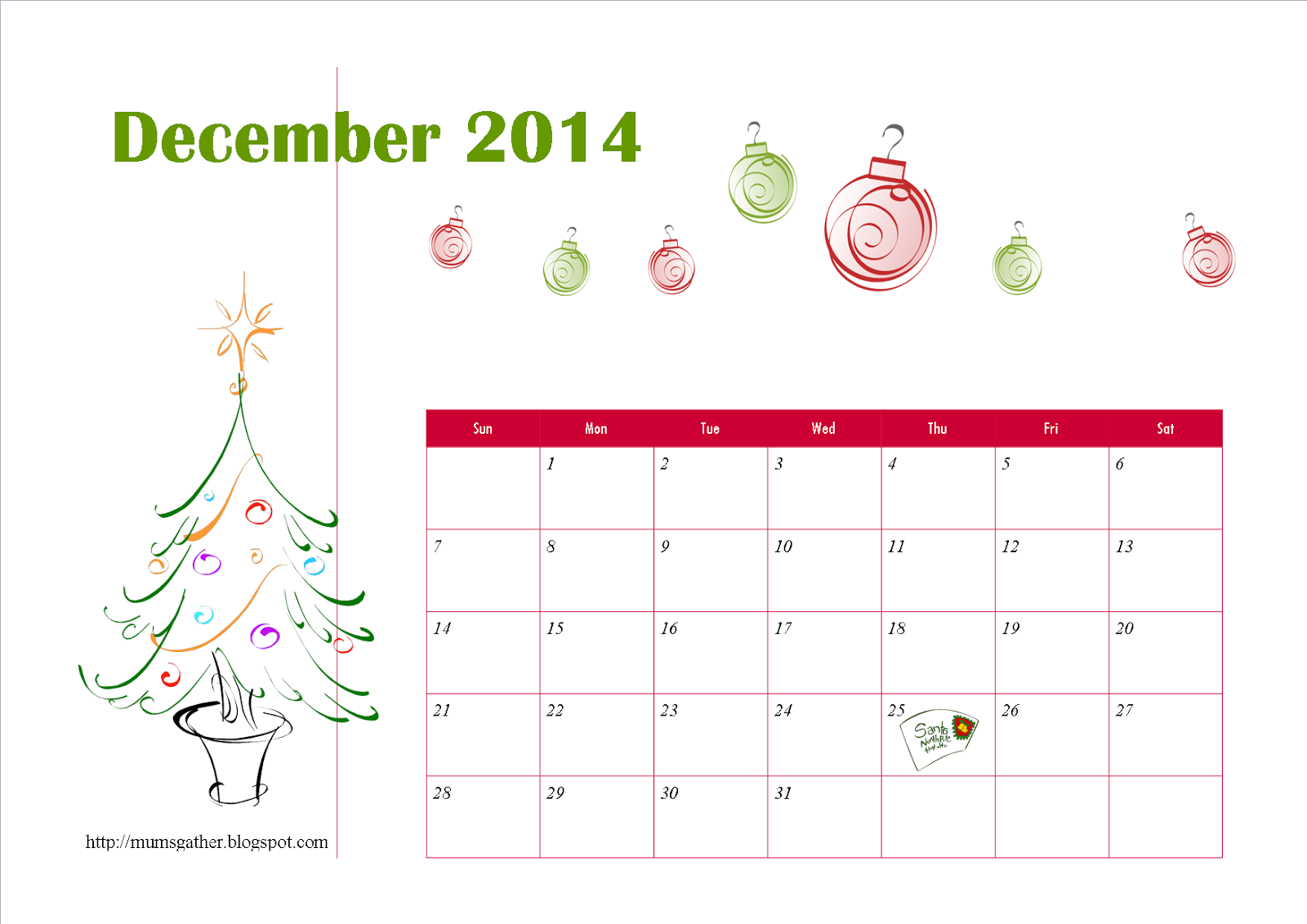 Free Printable December 2014 Calendar For Kids Santa