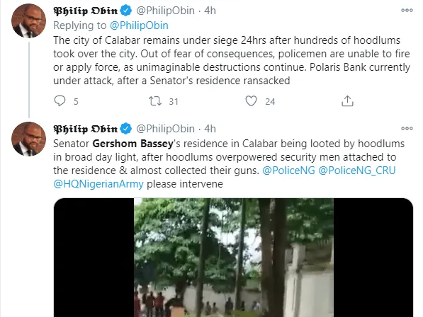 Senator Gershom Bassey’s Building In Calabar Looted And Burnt By Furious Mob [Watch]