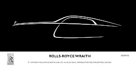 White line drawing on black background of the silhouette of the new Rolls-Royce Wraith.