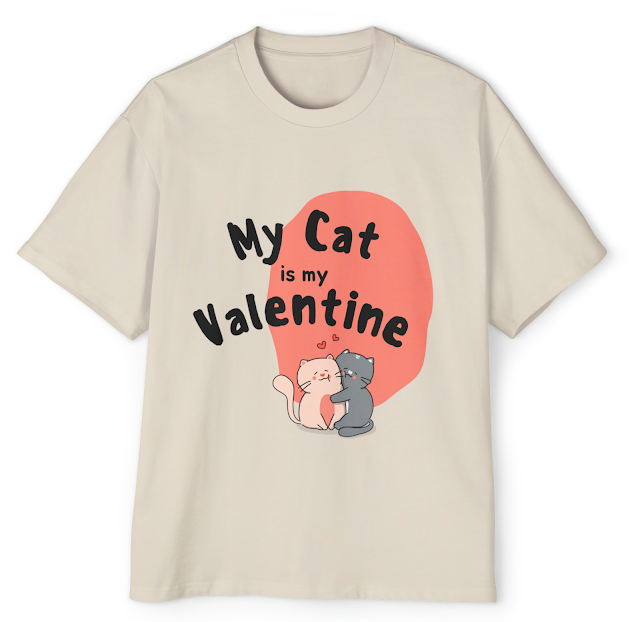Men's Heavy Oversized T-Shirt With Black and Pink Cute Illustration Cat Lover Valentine's Day and Quote My Cat is My Valentine
