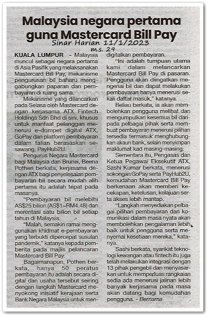 Malaysia negara pertama guna Mastercard Bill Pay - Keratan akhbar Sinar Harian 11 Januari 2023