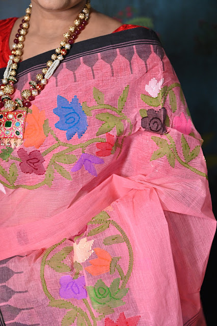 Pink cotton moirang phee with jamdani floral motifs