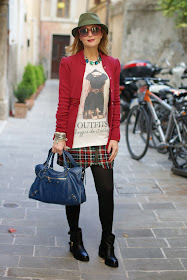 Bloggers do it better blouse, Balenciaga City bag, plaid minskirt, Fashion and Cookies, fashion blogger