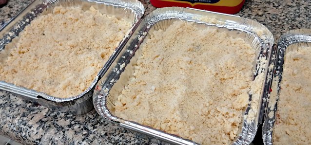 Crumble mix on top of the cherries