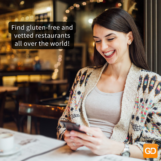 Woman looking at Gluten Dude App on cell phone