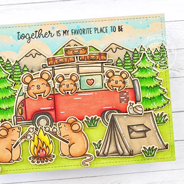 Sunny Studio Stamps: Beach Bus Camping Themed Card by Marine Simon (featuring Critter Campout, Seasonal Trees, Country Scenes)