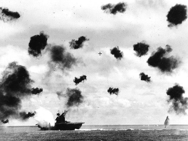 USS Yorktown hit during the Battle of Midway. 4 June 1942 worldwartwo.filminspector.com