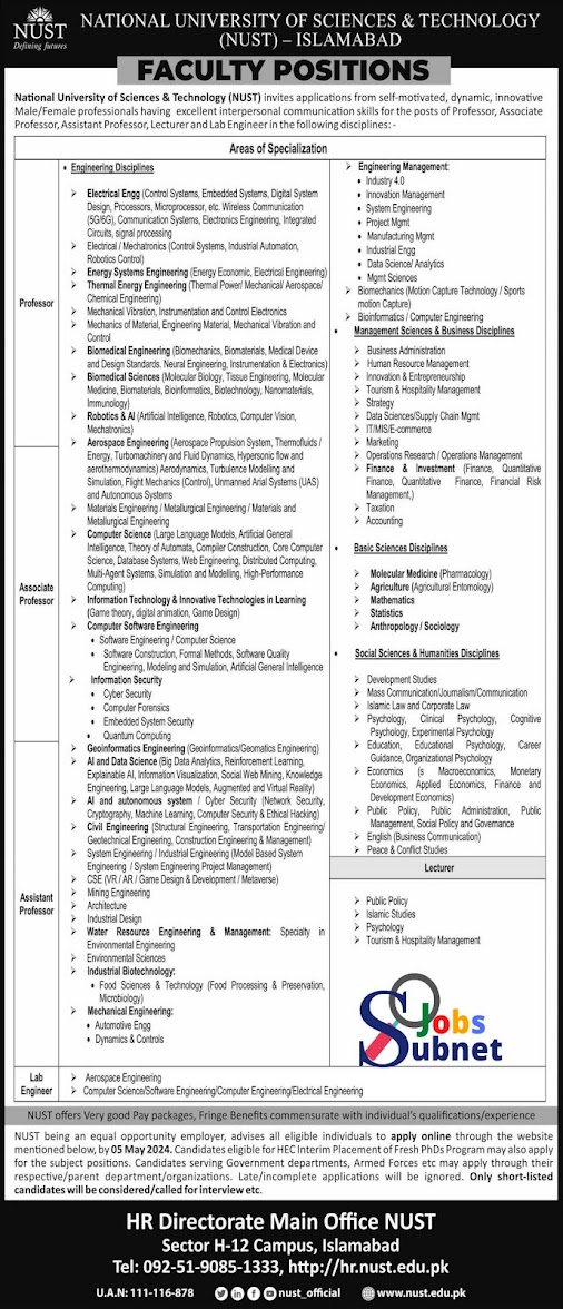 NUST National University of Science & Technology Islamabad Jobs 2024