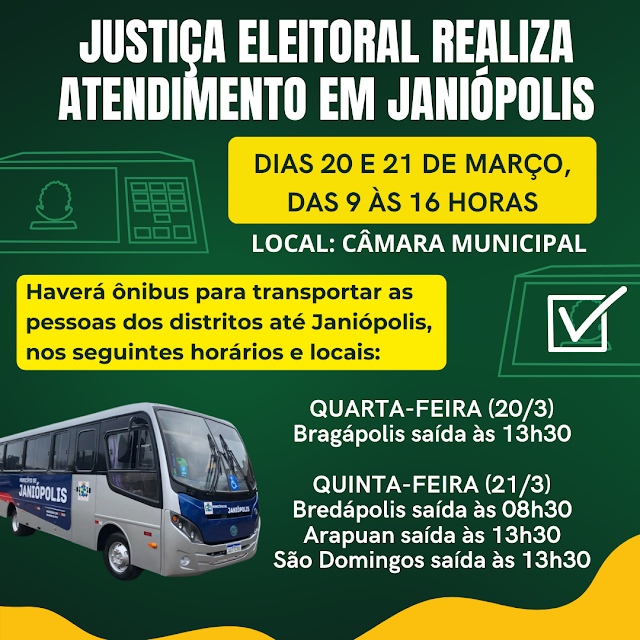 Distritos terão ônibus para atendimento da Justiça Eleitoral em Janiópolis