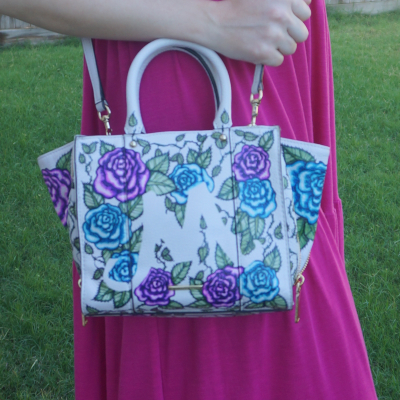 pink dress with Mica Bag - Rebecca Minkoff mini MAB side zip tote in pale lilac hand painted by Sheila | awayfromblue