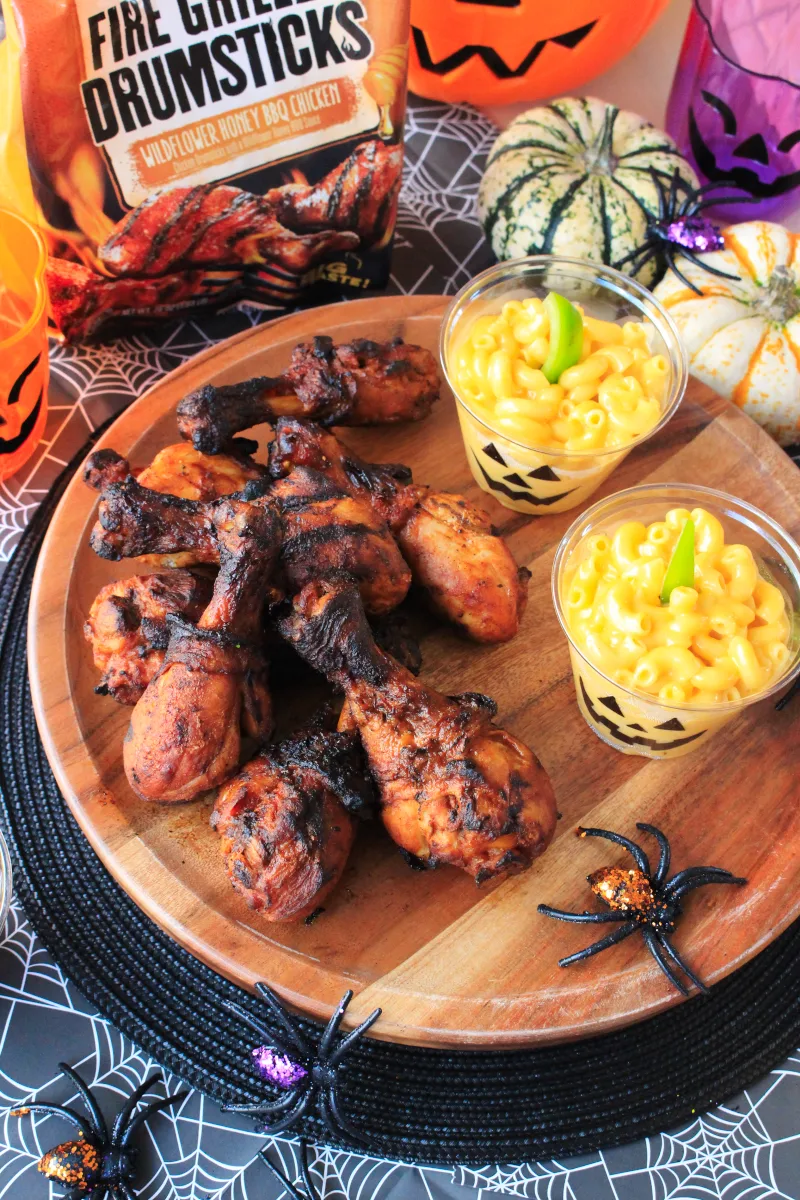 Wildflower Honey BBQ Drumsticks with Jack-O-Lantern Macaroni and Cheese is the perfect quick and easy "dark-side" dinner to serve to your family on Halloween! #sponsored