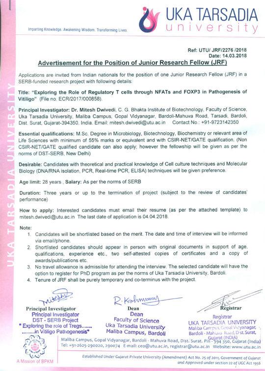 UTU Molecular Biology JRF Vacancy