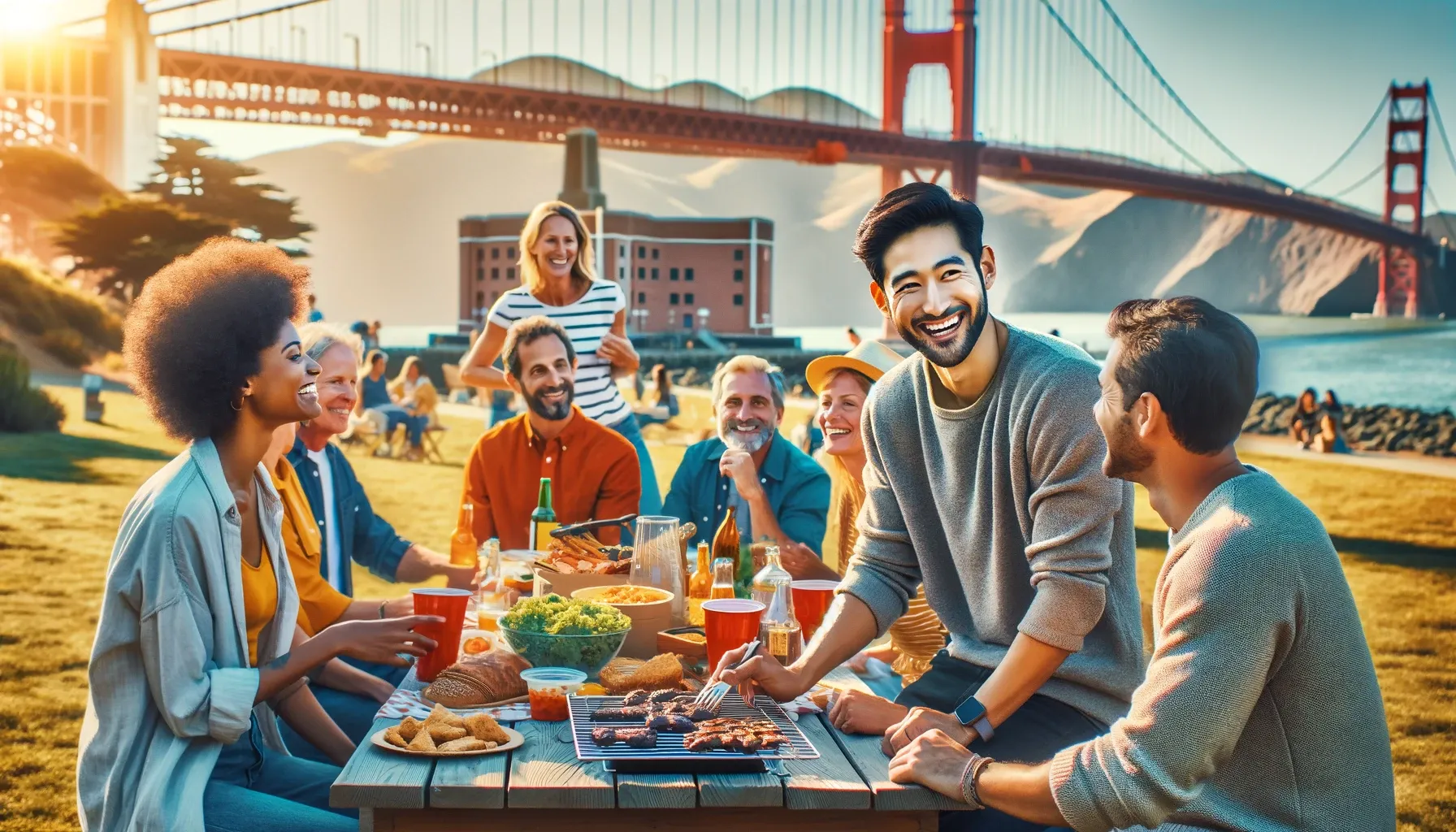 A diverse group of friends laughing and sharing a meal at a picnic table in a park with the iconic Golden Gate Bridge illuminated by the setting sun in the distance.