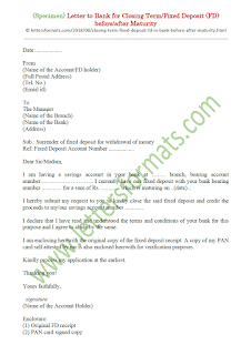 Letter to Bank for closing Fixed Deposit FD before or after Maturity