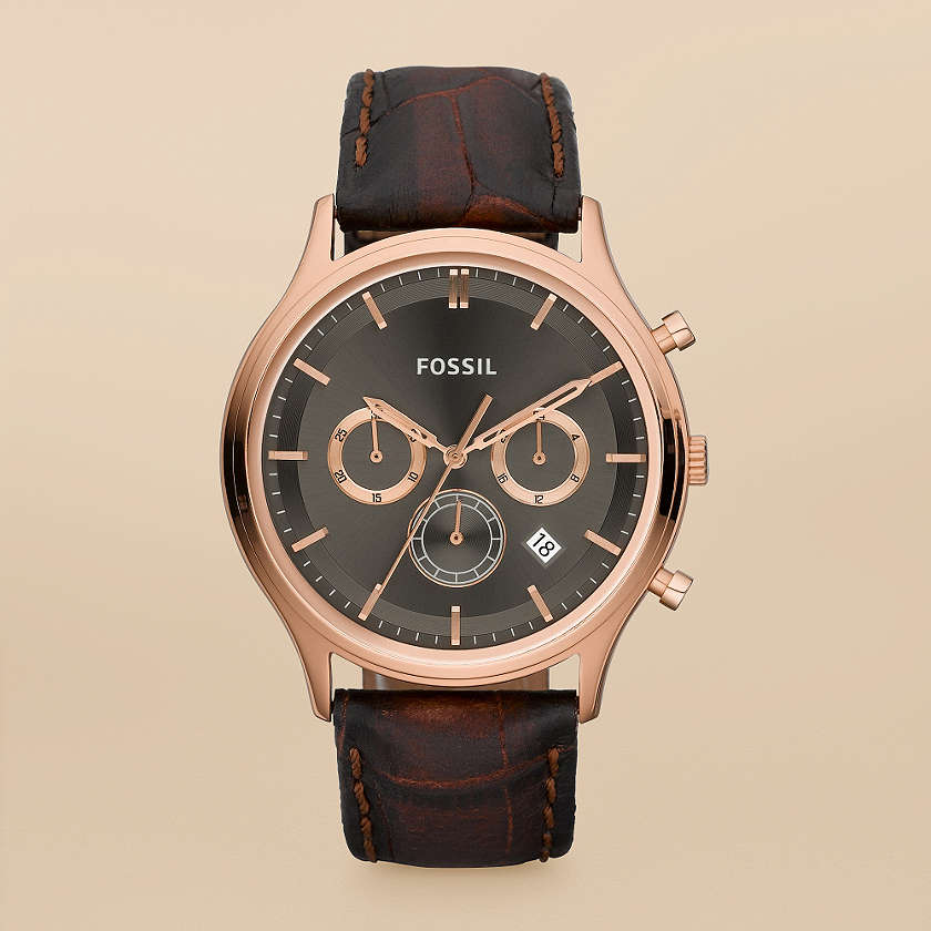 Fossil's Ansel Leather watch uses a warm brown leather strap against ...