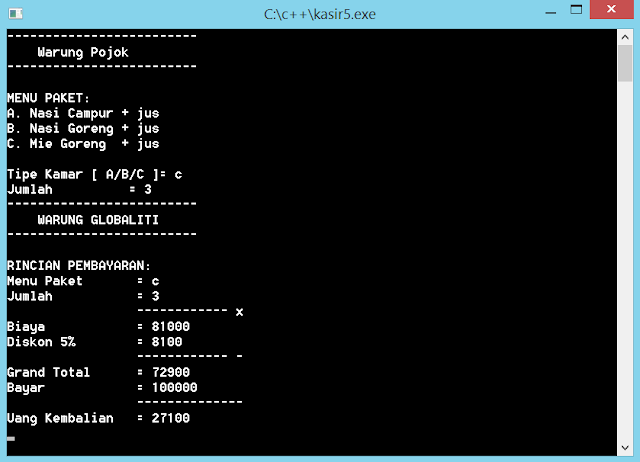 Gambar hasil runing Contoh program c++ kasir sederhana warung nasi