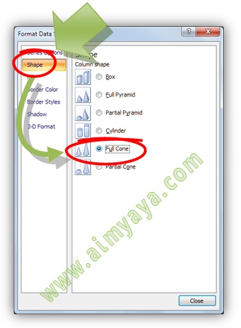 Gambar: Menggabungkan beberapa bentuk shape grafik dalam satu chart grafik. Langkah 3 : Merubah bentuk shape dari sebuah series menjadi Kerucut (Full Cone), Silinder (Cylinder), dan Piramida Parsial (Partial Pyramid)