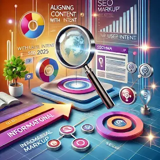 Illustration for aligning content with user intent in SEO 2025, featuring a magnifying glass over a search bar, voice search icons, schema markup symbols, and a flowchart representing user intents: informational, navigational, and transactional.