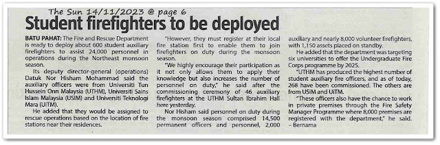 Student firefighters to be deployed - Keratan akhbar The Sun 14 November 2023