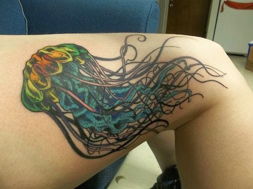 Jellyfish Colorful Thigh Tattoos, Colorful Tattoos of Jelly Fish Designs, Attractive JellyFish Tattoos on Women Thigh, Women, Animal,