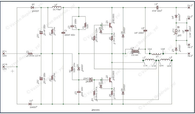 Circuito electrónico del balastro casero para tubos fluorescentes y lamparas de espiral compacta.