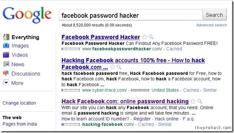 Facebook password hacking - theprohack.com