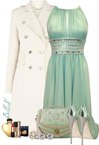 Off white jacket, gown, high heel shoes and hand bag for ladies