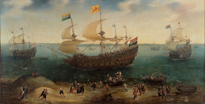 "O amsterdamês de quatro mastros De Hollandse Tuin e outros navios após retornarem do Brasil sob o comando de Paulus van Caerden", de Hendrik Corneliszoon Vroom, c. 1605 (conservado no Rijksmuseum). Em De Hollandse Tuin a Prinsenvlag com as armas principescas e na forma de bandeirolas bífidas, também a bandeira das armas dos Estados Gerais e a Hollandse vlag com as armas de Amsterdã.