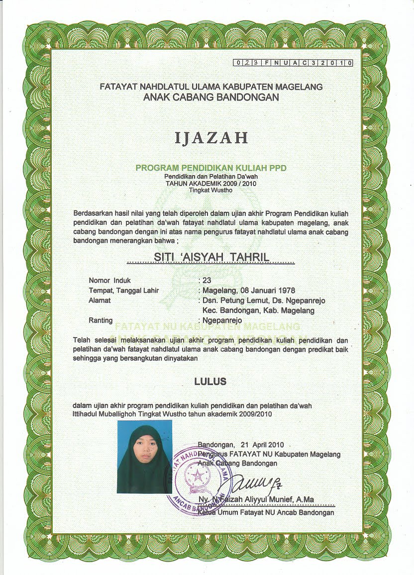 CONTOH IJAZAH FATAYAT NU 2009/2010 - -:7313:-