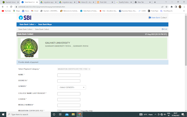 GU online SBI Collect fees collection Form Fill up