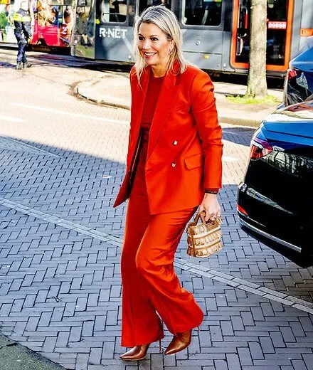 Queen Maxima wore a new wool stretch jaden jacket, blazer, orange Jaden double-breasted stretch-wool suit by Joseph