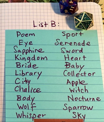 photo of a sticky note in a notebook next to 20-sided die that reads: List B: Poem, Eye, Sapphire, Kingdom, Bride, Library, City, Chalice, Body, Wolf, Whisper, Sport, Serenade, Sword, Heart, Baby, Collector, Apple, Witch, Nocturne, Sparrow, Sky