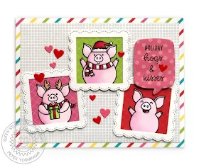 Sunny Studio Stamps: Holiday Hogs & Kisses Scalloped Pig Themed Christmas Card (using Very Merry & Subtle Grey Tones 6x6 Paper & Fancy Frames Square Dies)