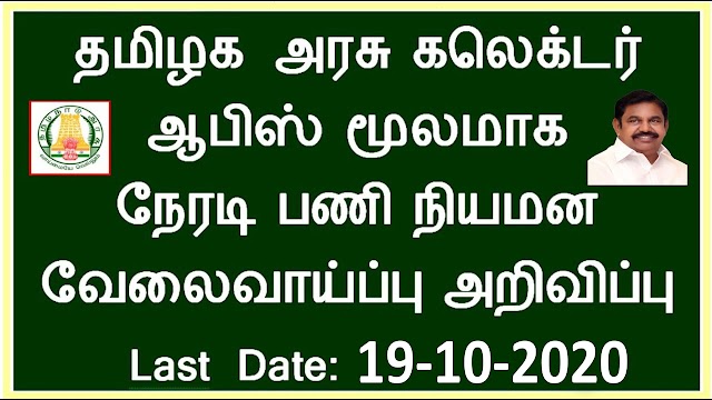 தேர்வு எழுதாமல் அரசு வேலைவாய்ப்பு | தமிழக​ அரசு கலெக்டர் ஆபிஸ் மூலமாக​ வேலைவாய்ப்பு அறிவிப்பு | collector office recruitment 2020 in Tamilnadu