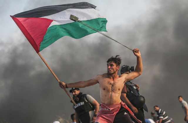 Um homem segura uma bandeira da palestina com amão direita e com aesquerda gira uma funda. Ele está sem camisa e sua blusa está amarrada na cintura. Atrás dele nota-se agentes da polícia e outros civis. Uma nuvem acinzentada cobre o espaço atrás dele, parecendo ser uma fumaça.