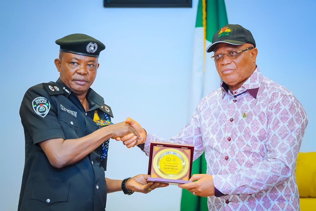 Governor of Akwa Ibom State, Umo Eno, welcome new Commissioner of Police, CP J.O. Eribo, to the South-South State