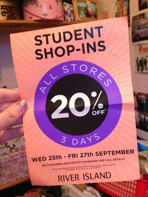 a leaflet from River Island with details of their student discount event at the end of september