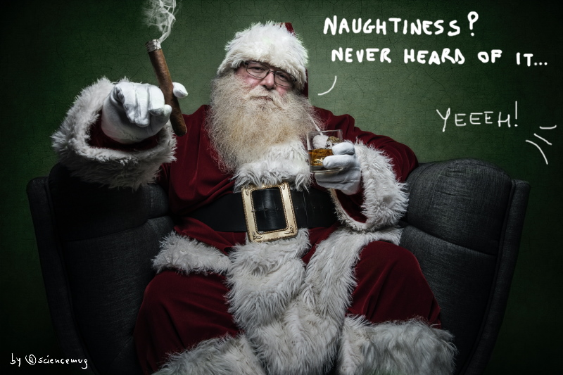 Santa Claus wonders what naughtiness be while smoking a cigar and sipping liquor