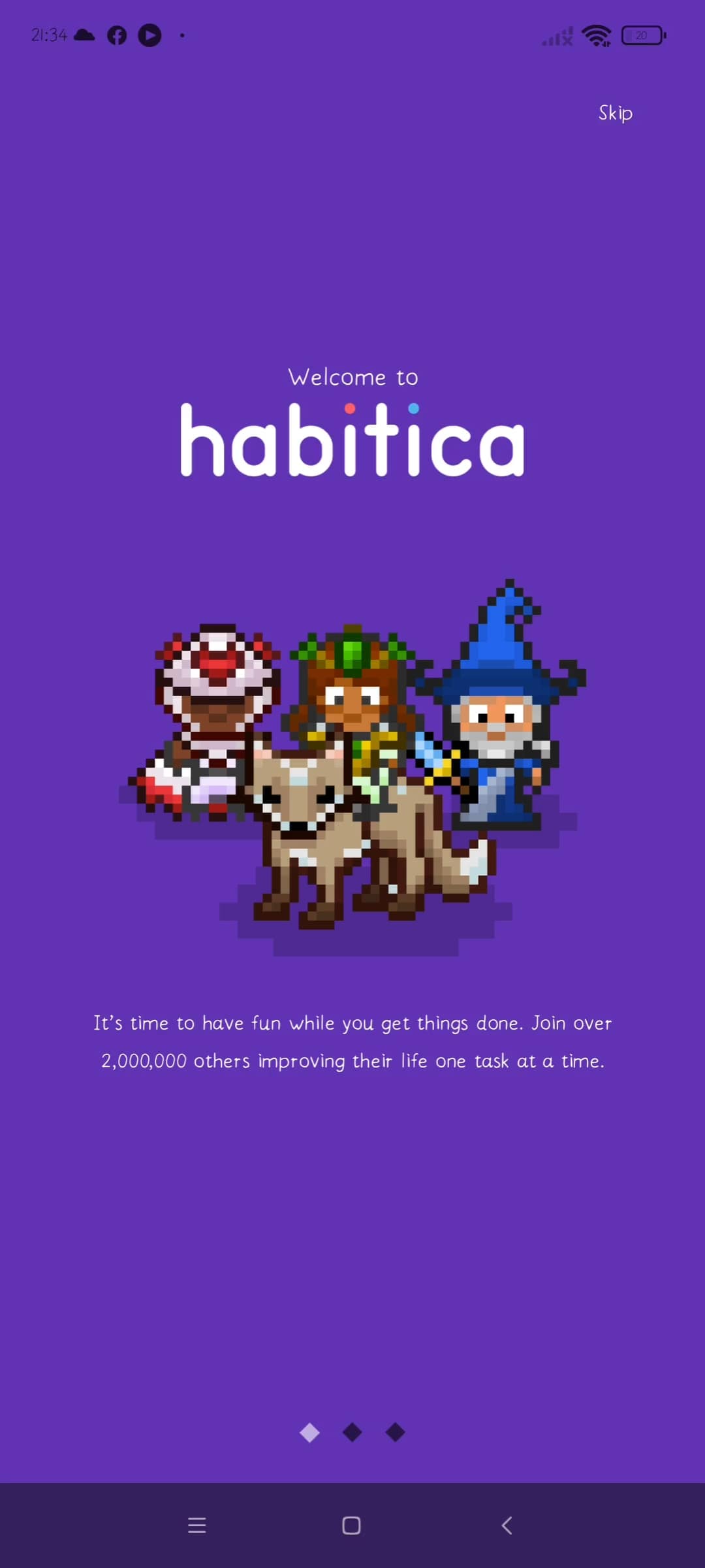 schermata di benvenuto della app Habitica. Lo sfondo è viola e ci sono tre personaggi in pixel art, di cui uno su una cavalcatura