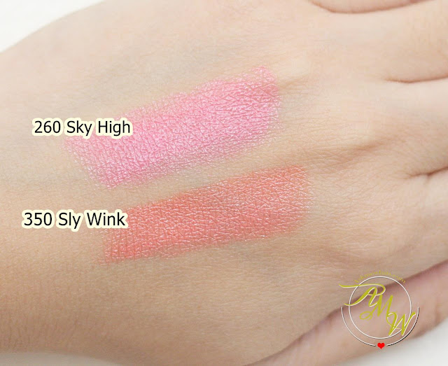 a swatch photo of Estee Lauder NEW Pure Color Love review in Sky High and Sly Wink