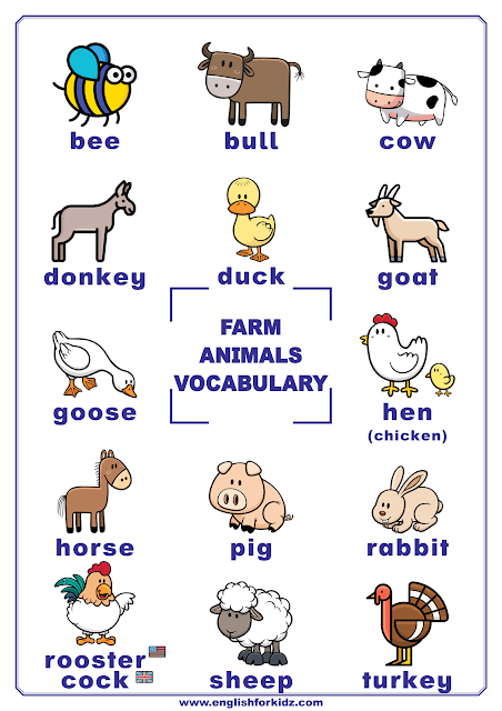 Farm animals vocabulary with pictures - printable poster