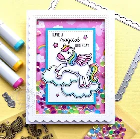 Sunny Studio Stamps: Prancing Pegasus Frilly Frame Dies Sunny Sentiments Birthday Shaker Card by Lynn Putt