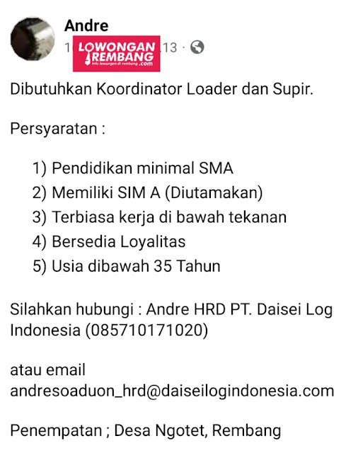 2 Lowongan Kerja Pegawai Koordinator Loader dan Sopir PT Daisei Log Indonesia Rembang