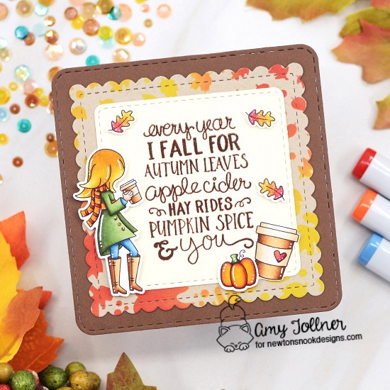 Pumpkin Spice Autumn card by Amy Tollner | Pumpkin Latte Stamp Set, Fall-ing for You Stamp Set, Falling Leaves Stencil, and Frames Squared Die Set by Newton's Nook Designs #newtonsnook #handmade